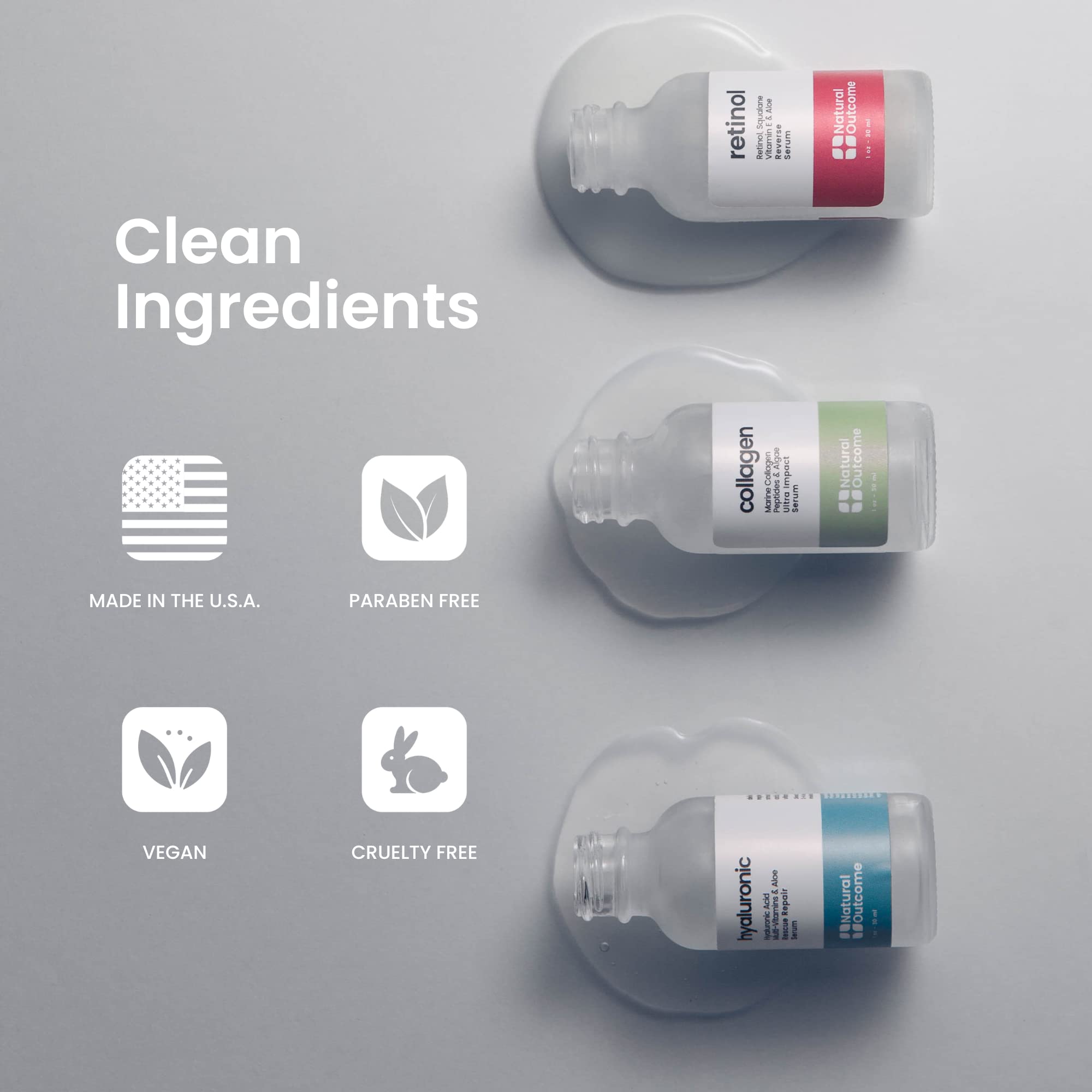 Natural Outcome Hydrating Hyaluronic Acid Serum and Retinol Facial Serum - Night and Day Anti Aging Facial Serum Set 1 oz Each, Vegan, Cruelty Free & Fragrance Free